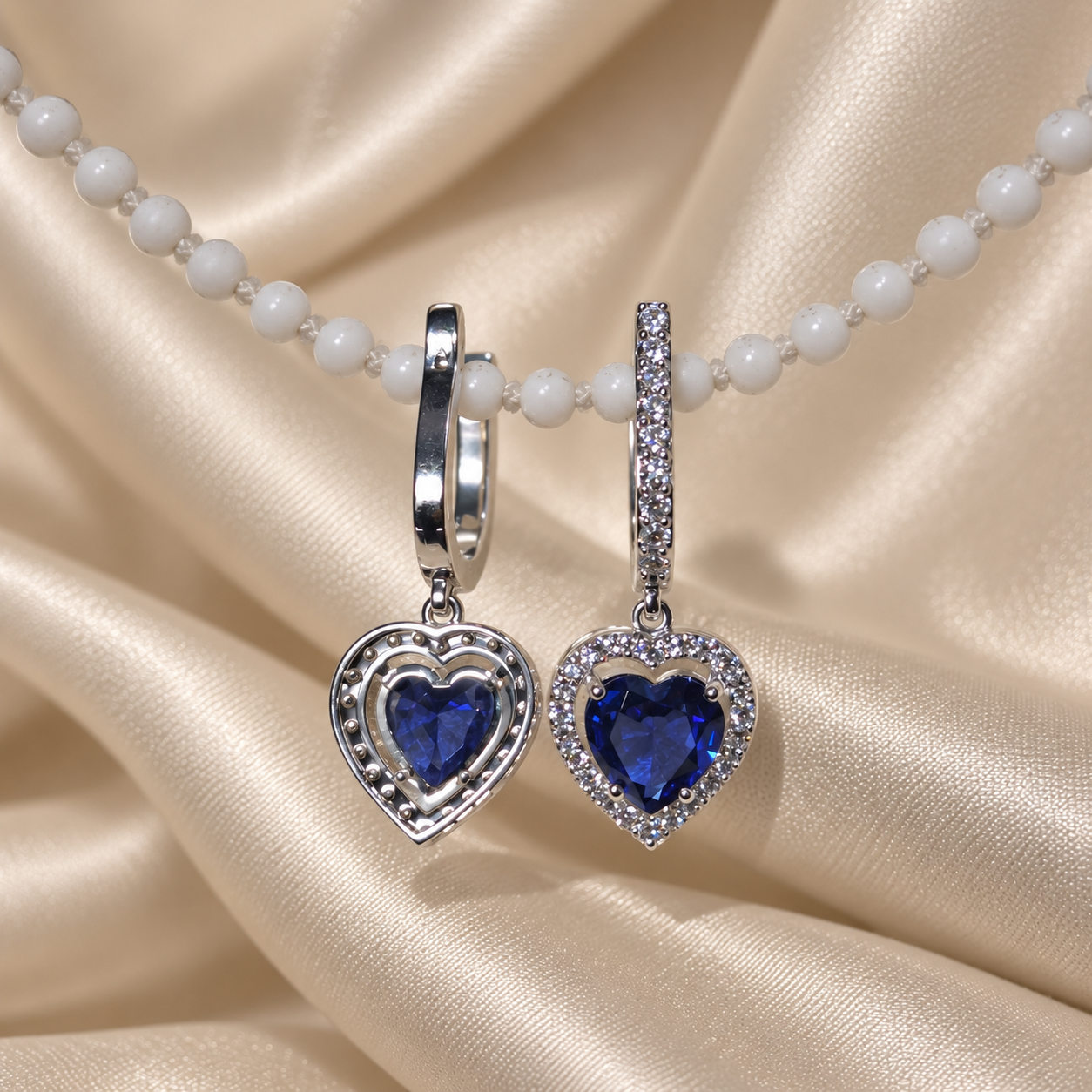 Blue Heart Gemstone Drop Earring Round Lab Grown Diamond Halo Dangle Earring
