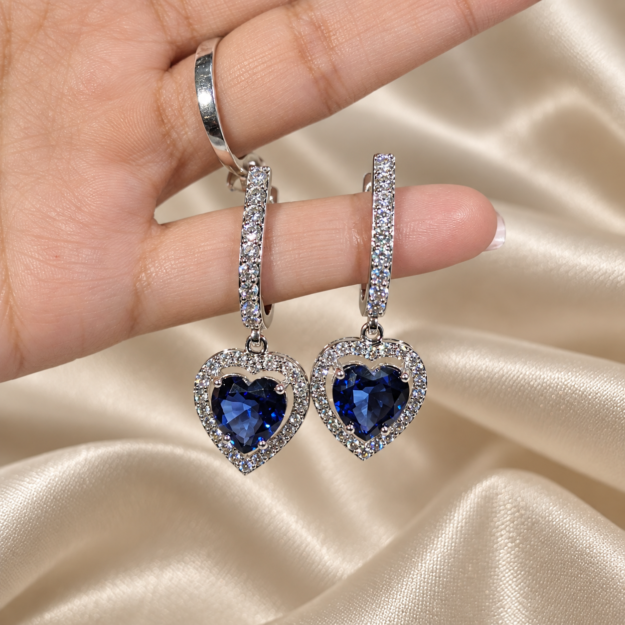 Blue Heart Gemstone Drop Earring Round Lab Grown Diamond Halo Dangle Earring