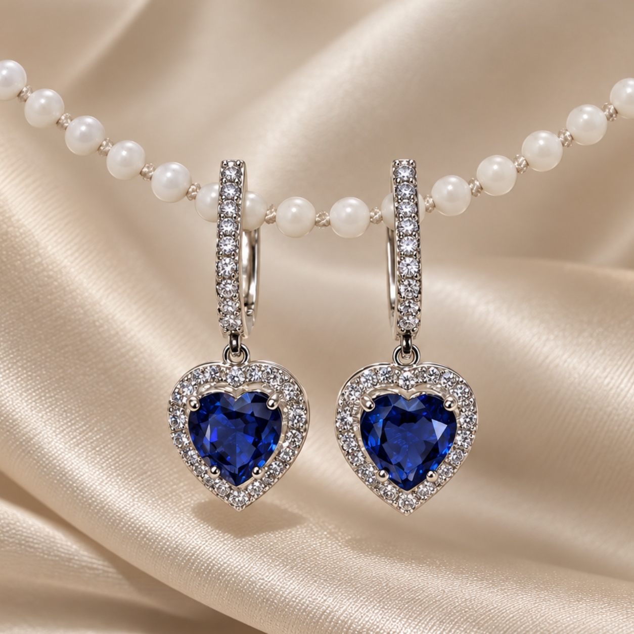 Blue Heart Gemstone Drop Earring Round Lab Grown Diamond Halo Dangle Earring