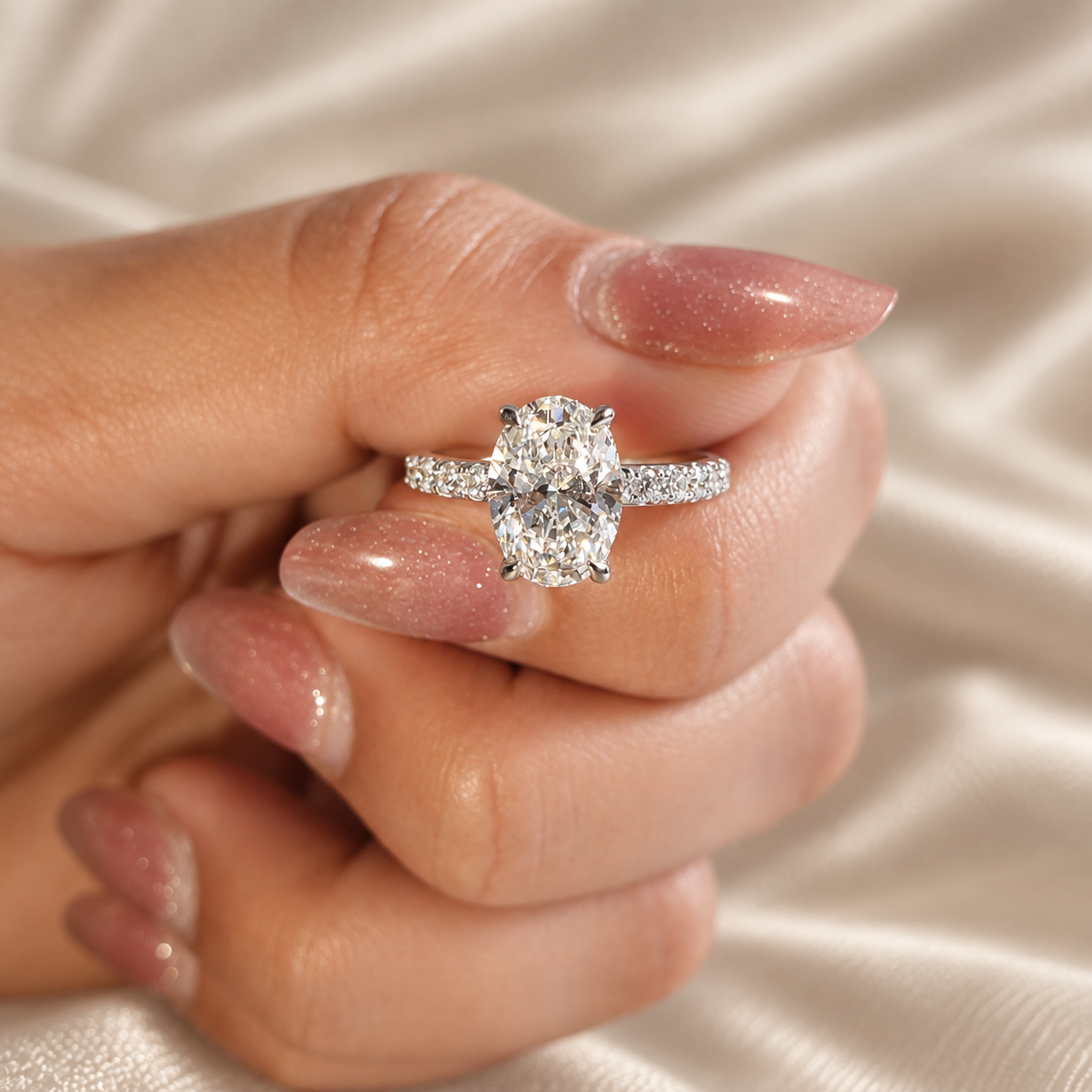 Oval Lab Grown Diamond Engagement Ring Pave Wedding Ring Minimalist Classic Bridal Fine Jewelry