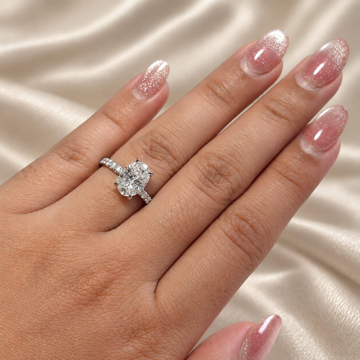 Oval Lab Grown Diamond Engagement Ring Pave Wedding Ring Minimalist Classic Bridal Fine Jewelry