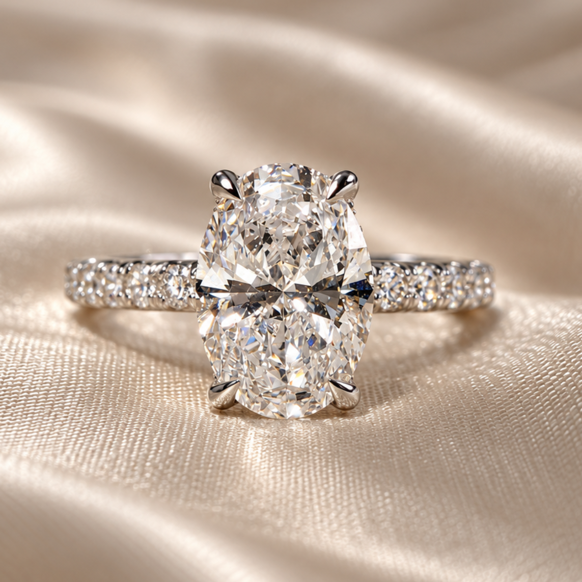 Oval Lab Grown Diamond Engagement Ring Pave Wedding Ring Minimalist Classic Bridal Fine Jewelry
