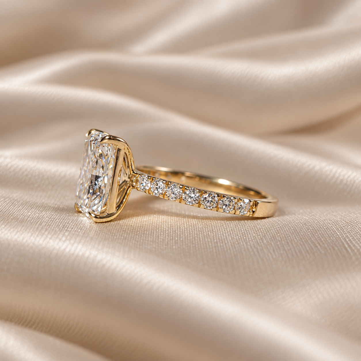 Radiant Cut Lab Grown Diamond Engagement Ring Pavé Minimalist Wedding Band