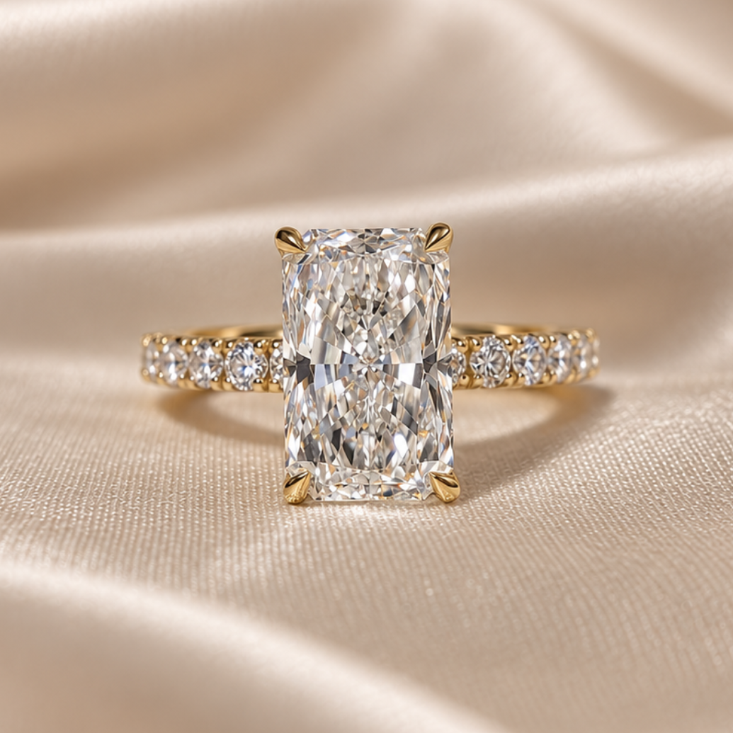 Radiant Cut Lab Grown Diamond Engagement Ring Pavé Minimalist Wedding Band