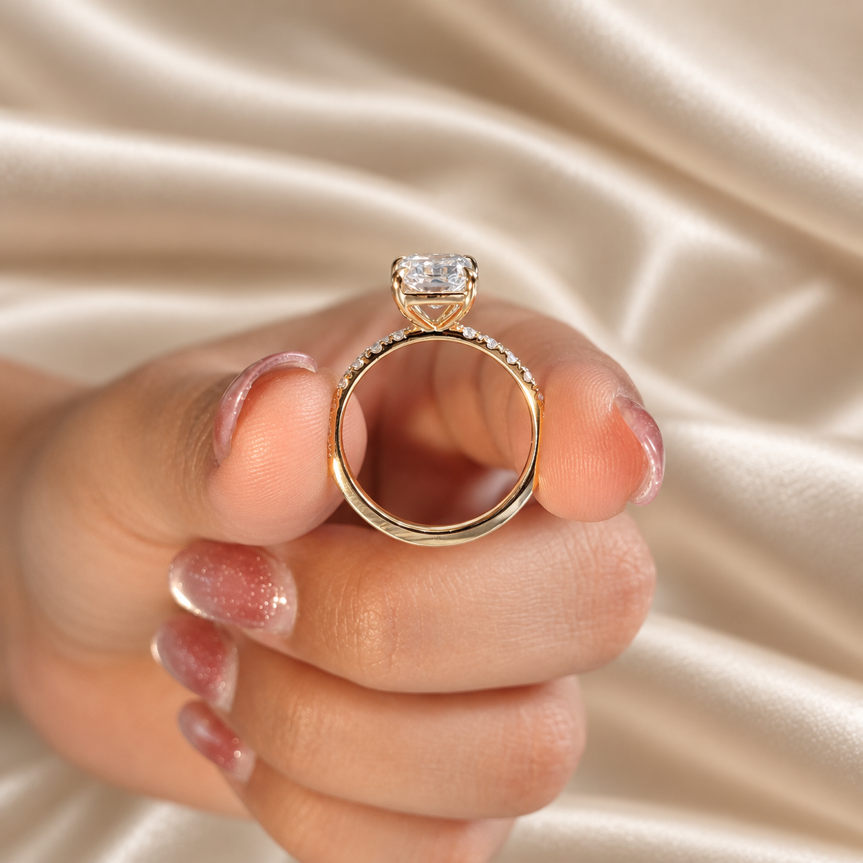 Radiant Cut Lab Grown Diamond Engagement Ring Pavé Minimalist Wedding Band