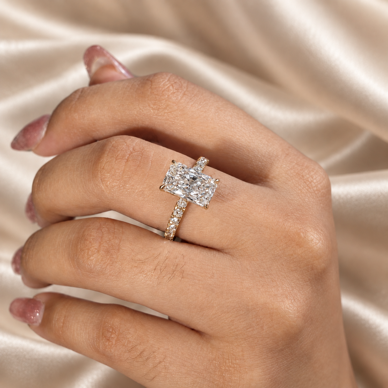 Radiant Cut Lab Grown Diamond Engagement Ring Pavé Minimalist Wedding Band