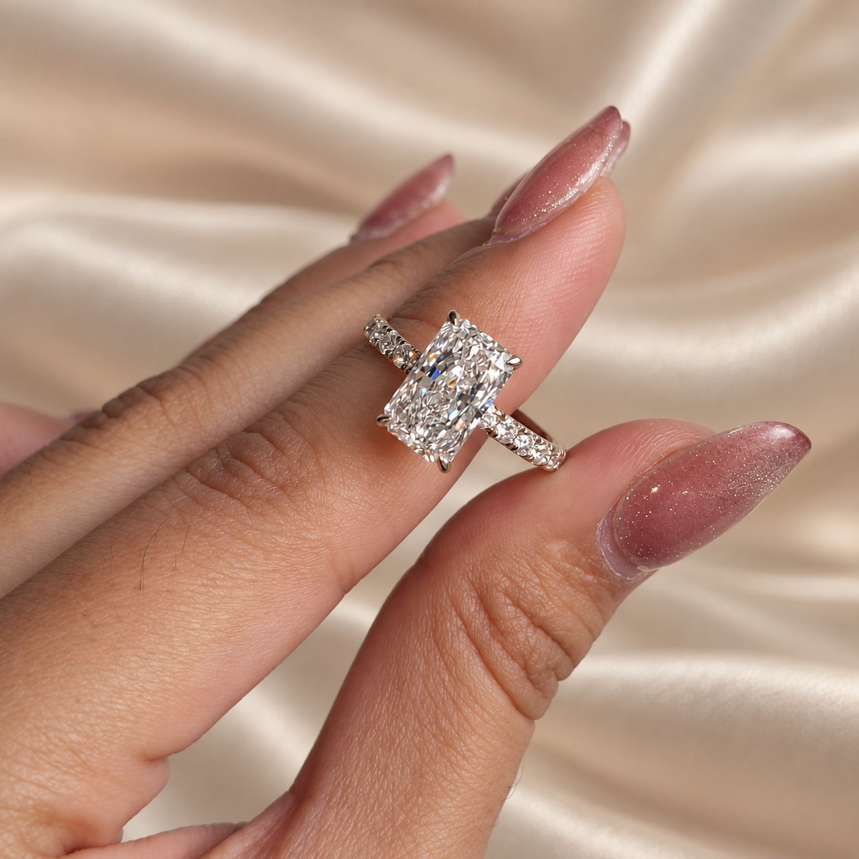 Radiant Cut Lab Grown Diamond Engagement Ring Pavé Minimalist Wedding Band