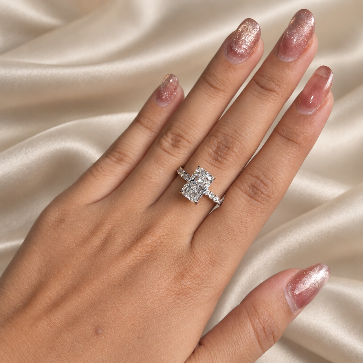 Radiant Cut Lab Grown Diamond Engagement Ring Pavé Minimalist Wedding Band