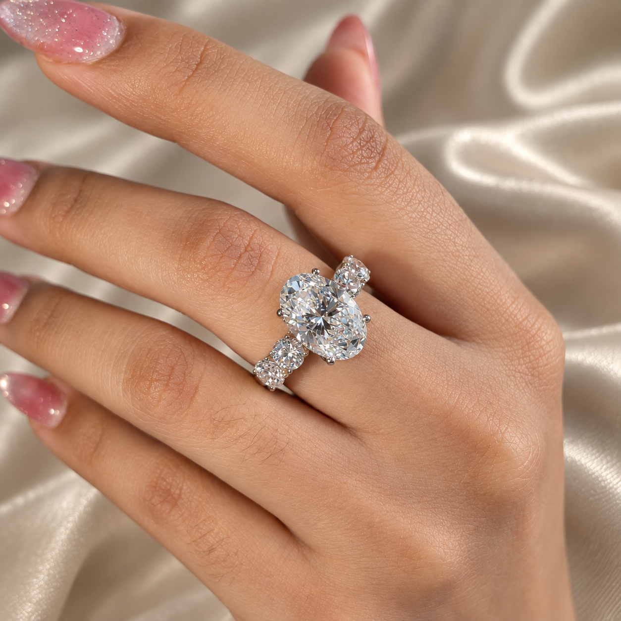 Oval Lab Grown Diamond Sparkling Three Stone Engagement Ring Classic Diamond Band Bridal Ring