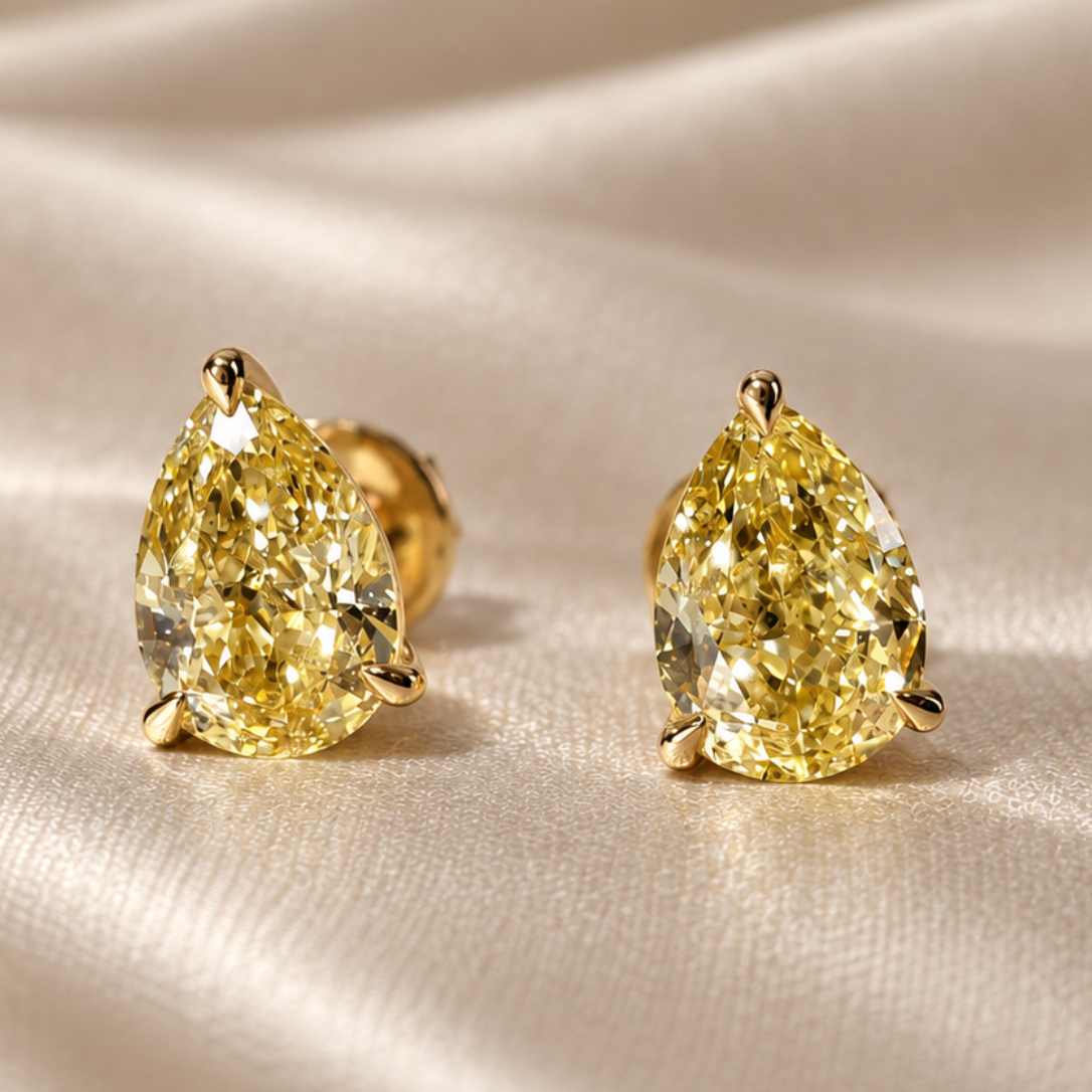 Yellow Pear Cut Lab Grown Diamond Stud Earrings Gold Teardrop Earrings
