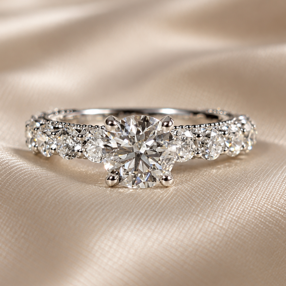 Round Lab Grown Diamond Engagement Ring Sparkling Diamond Pave Band Solitaire Bridal Ring