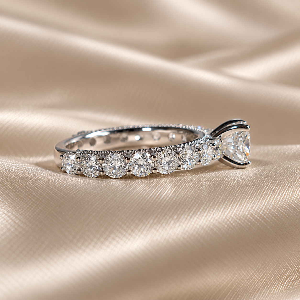 Round Lab Grown Diamond Engagement Ring Sparkling Diamond Pave Band Solitaire Bridal Ring