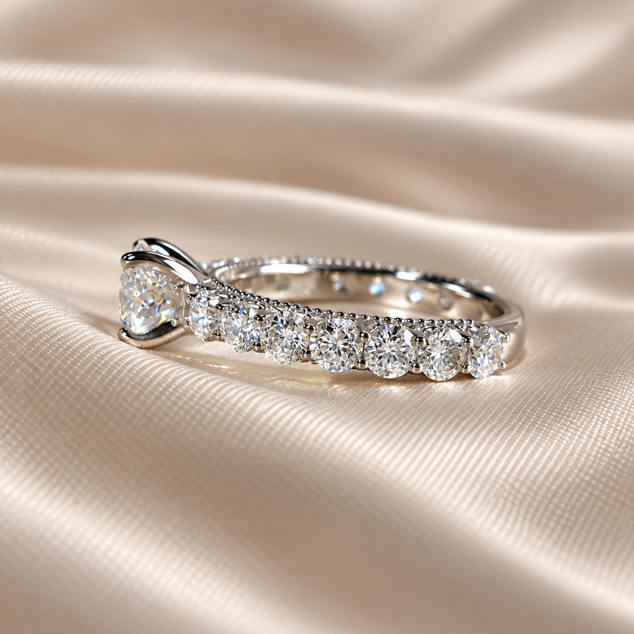 Round Lab Grown Diamond Engagement Ring Sparkling Diamond Pave Band Solitaire Bridal Ring