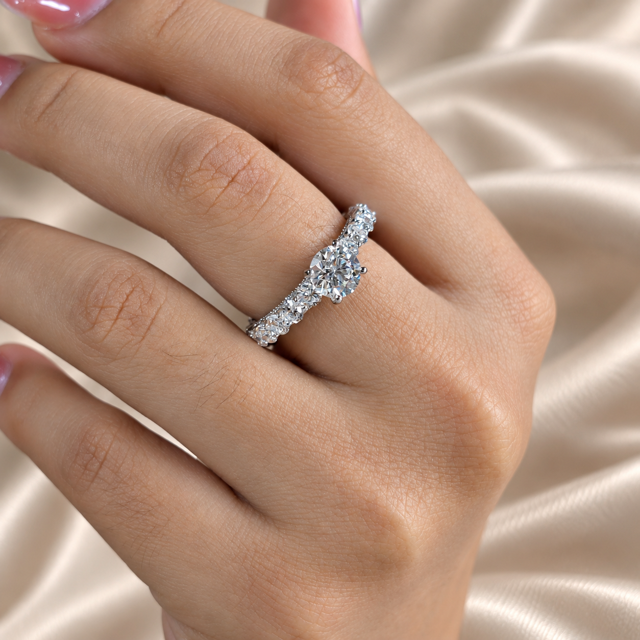 Round Lab Grown Diamond Engagement Ring Sparkling Diamond Pave Band Solitaire Bridal Ring