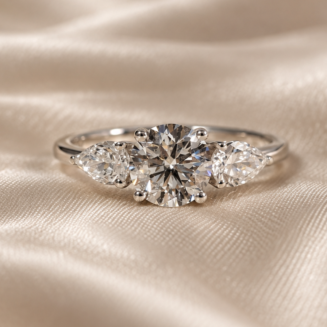 Three Stone Lab Grown Diamond Round Center with Pear Side Stone Engagement Ring