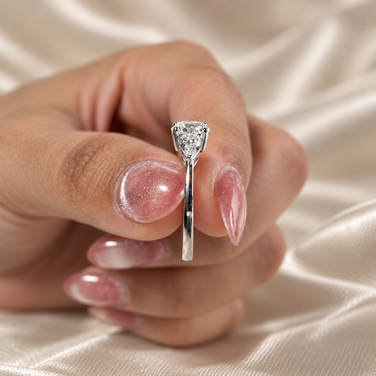 Three Stone Lab Grown Diamond Round Center with Pear Side Stone Engagement Ring