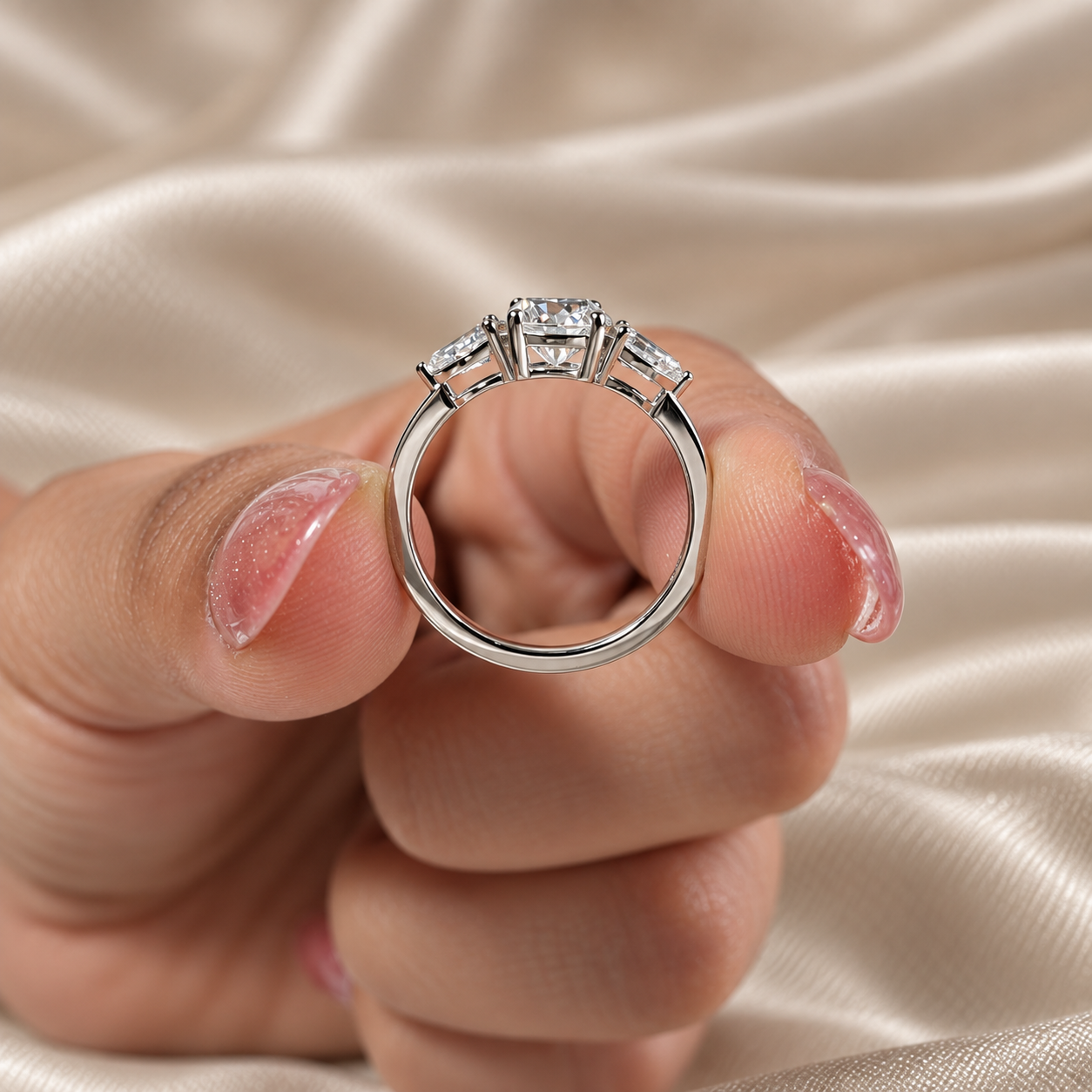 Three Stone Lab Grown Diamond Round Center with Pear Side Stone Engagement Ring