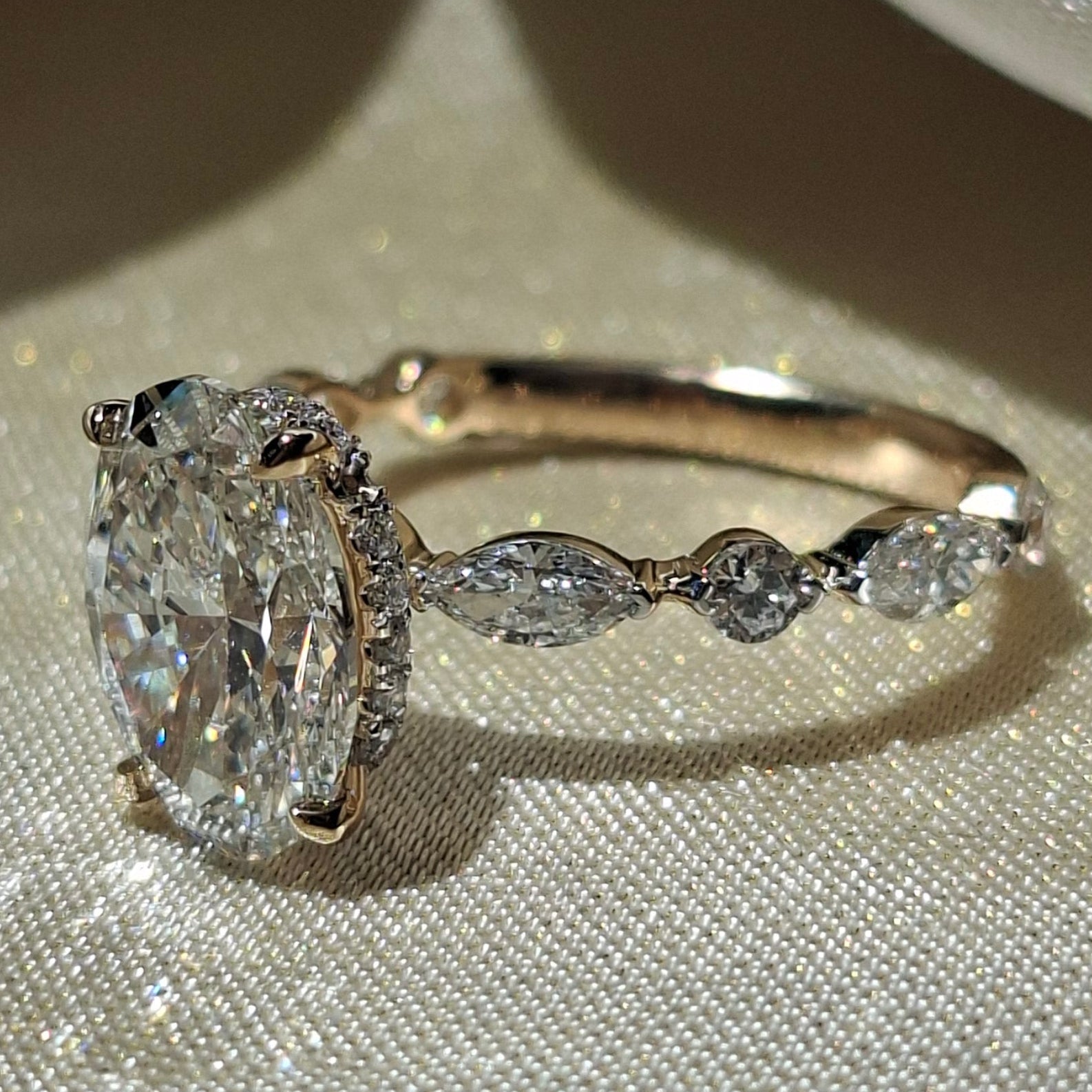 3 Carat Oval Cut Lab Grown Diamond Three Stone Engagement Ring Marquise Side Stone Vintage Bridal Hidden Halo Proposal Ring