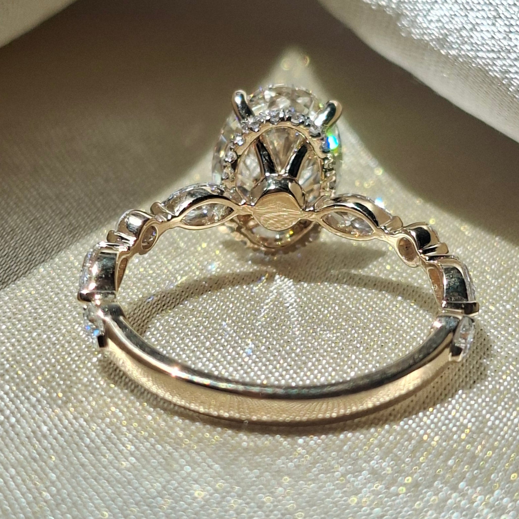 3 Carat Oval Cut Lab Grown Diamond Three Stone Engagement Ring Marquise Side Stone Vintage Bridal Hidden Halo Proposal Ring