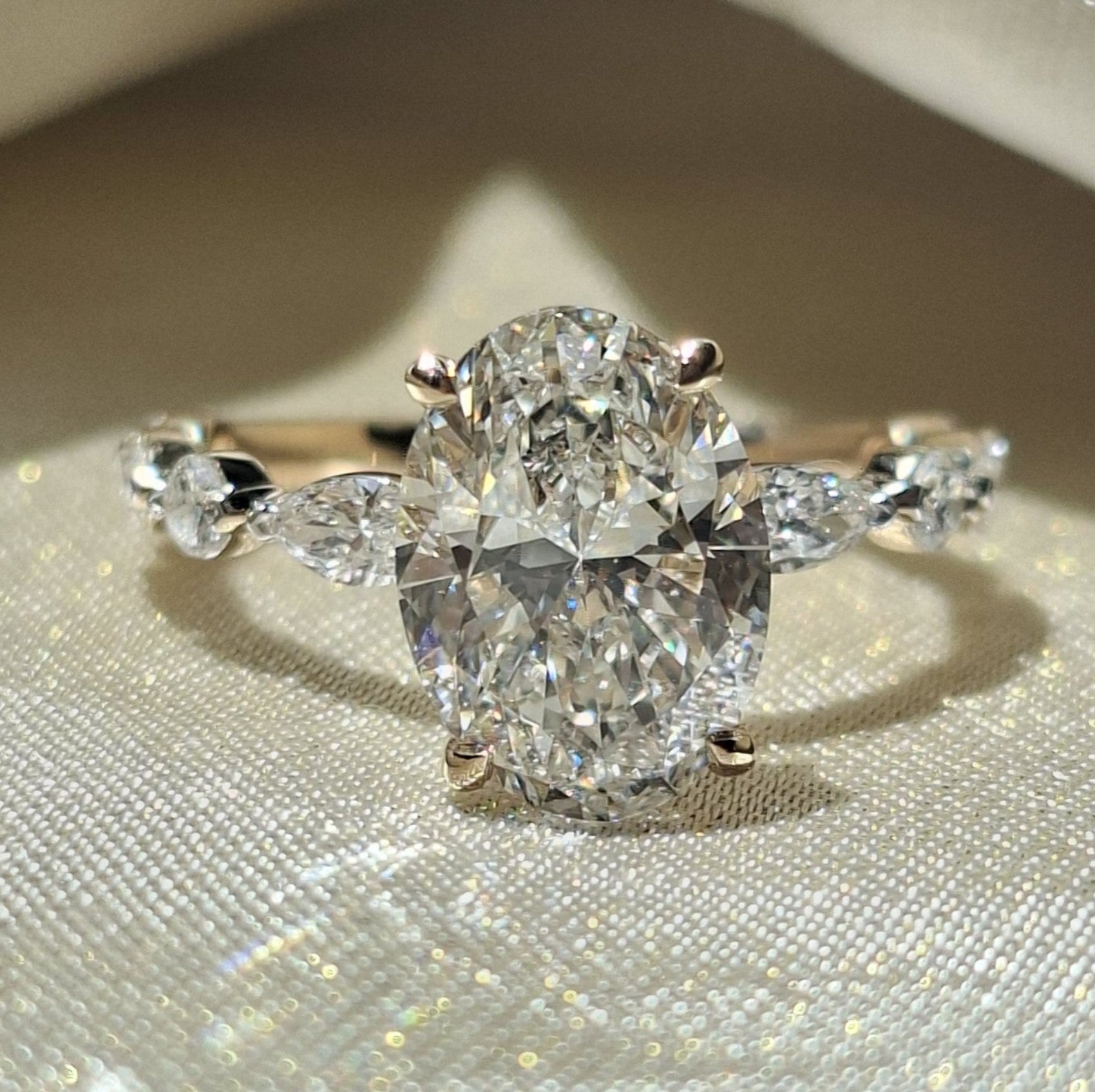 3 Carat Oval Cut Lab Grown Diamond Three Stone Engagement Ring Marquise Side Stone Vintage Bridal Hidden Halo Proposal Ring