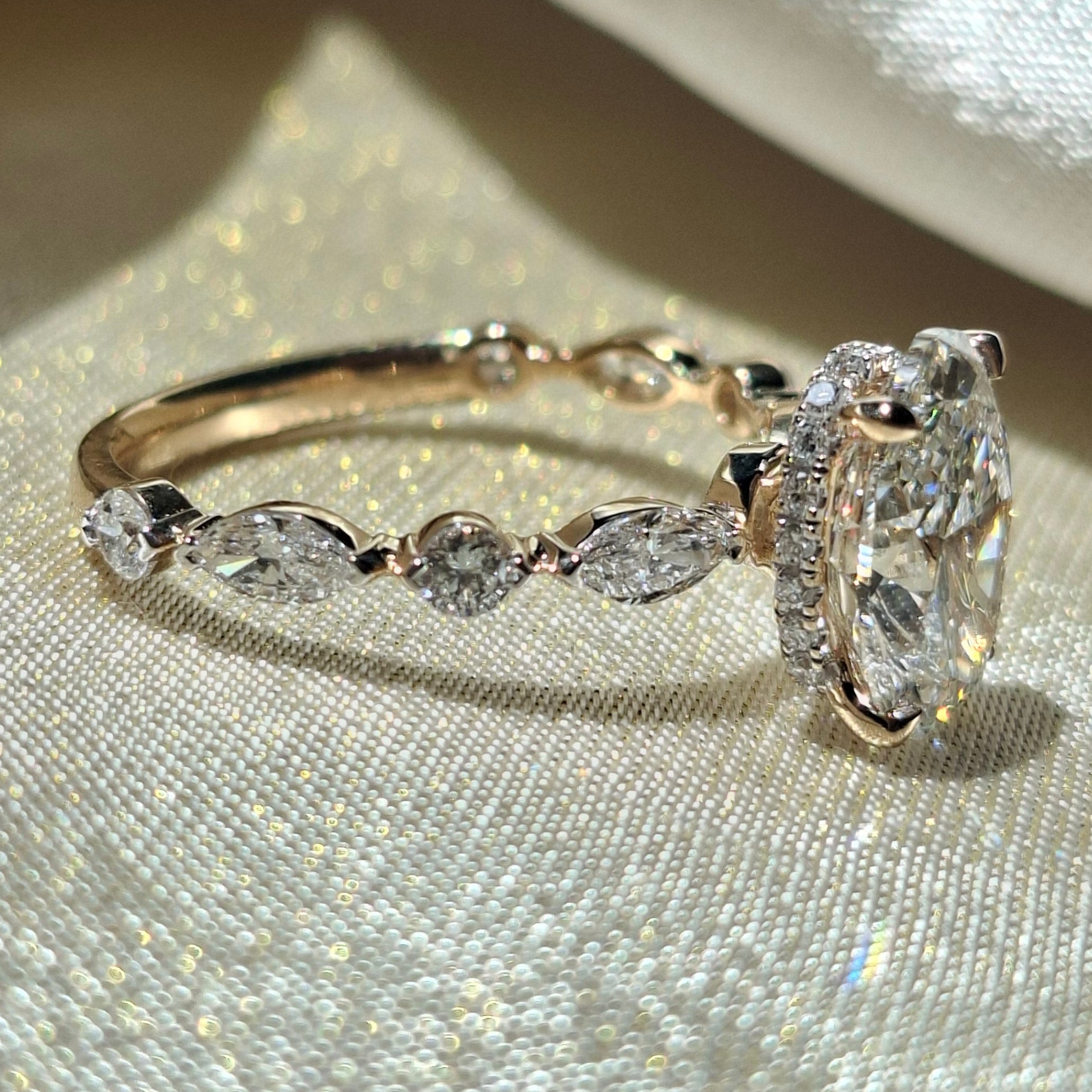 3 Carat Oval Cut Lab Grown Diamond Three Stone Engagement Ring Marquise Side Stone Vintage Bridal Hidden Halo Proposal Ring