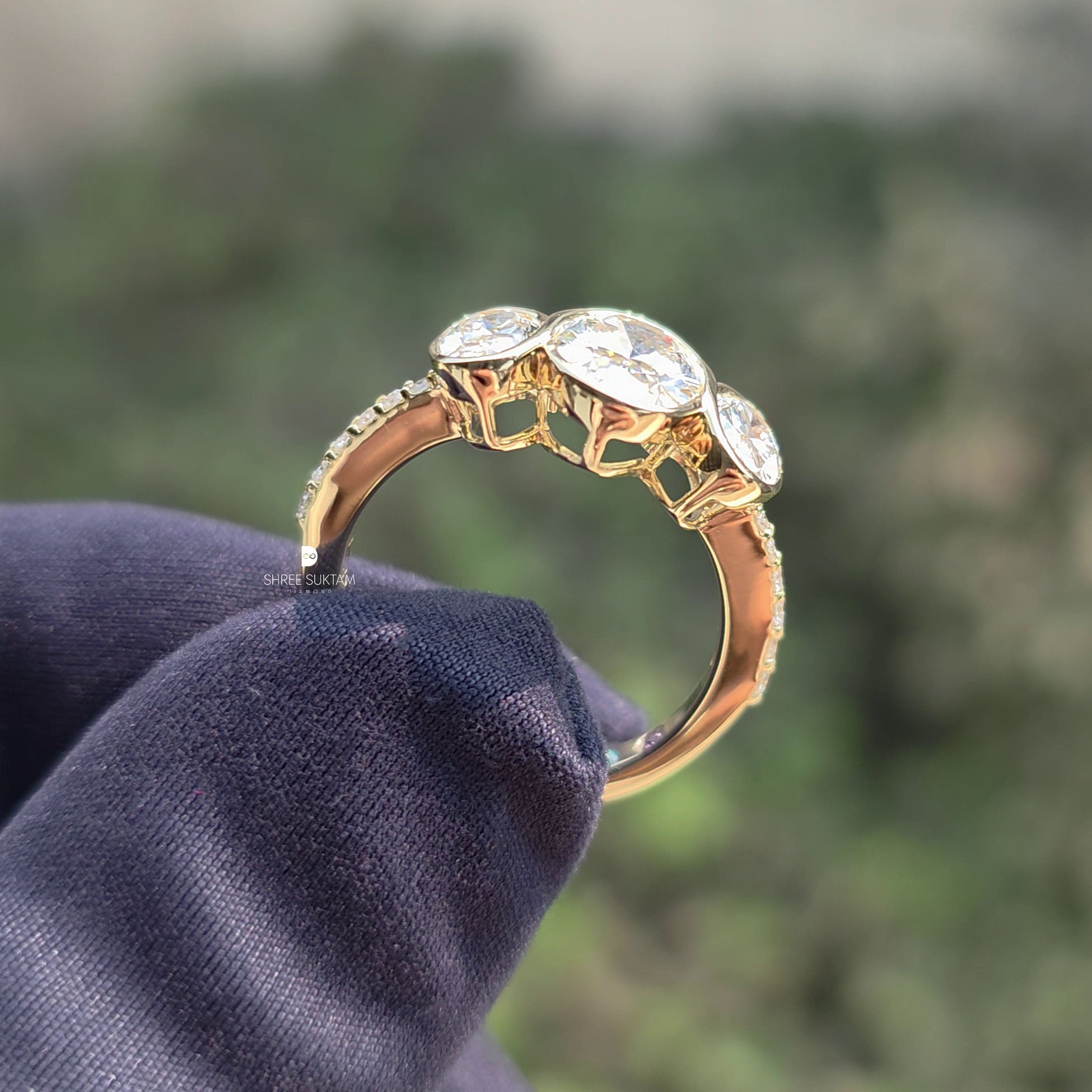 Oval Bezel Set Diamond Three Stone Ring Oval Engagement Ring Yellow Gold Diamond Ring Minimalist Bridal Ring Anniversary Gift