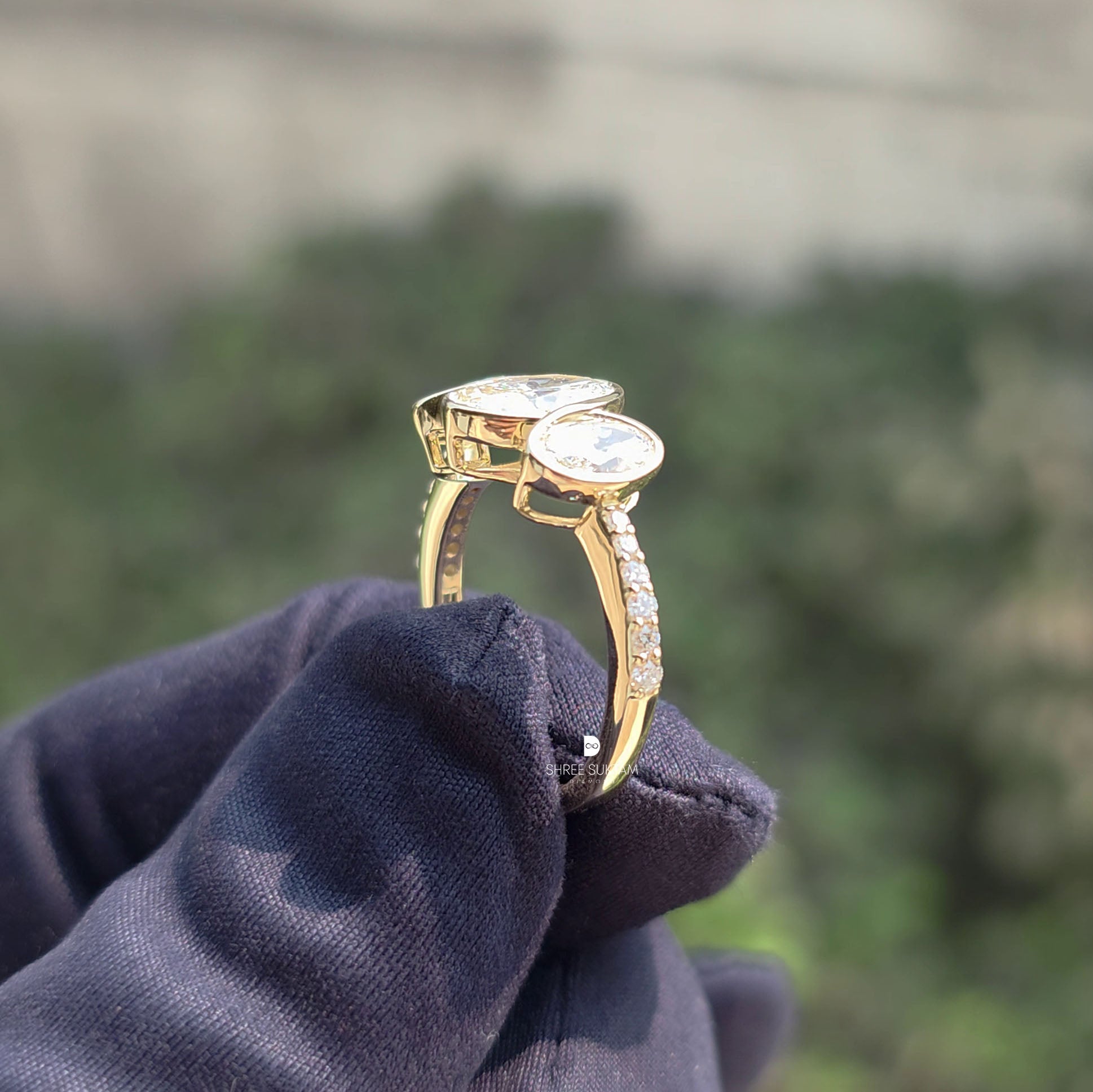 Oval Bezel Set Diamond Three Stone Ring Oval Engagement Ring Yellow Gold Diamond Ring Minimalist Bridal Ring Anniversary Gift