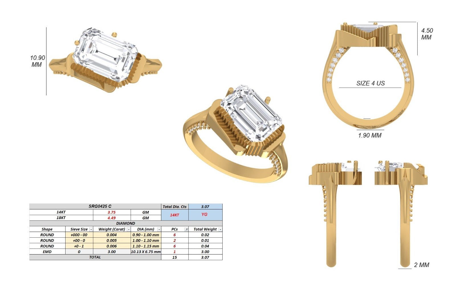 Custom 14K Yellow Gold Emerald Cut Ring (US Size 4)