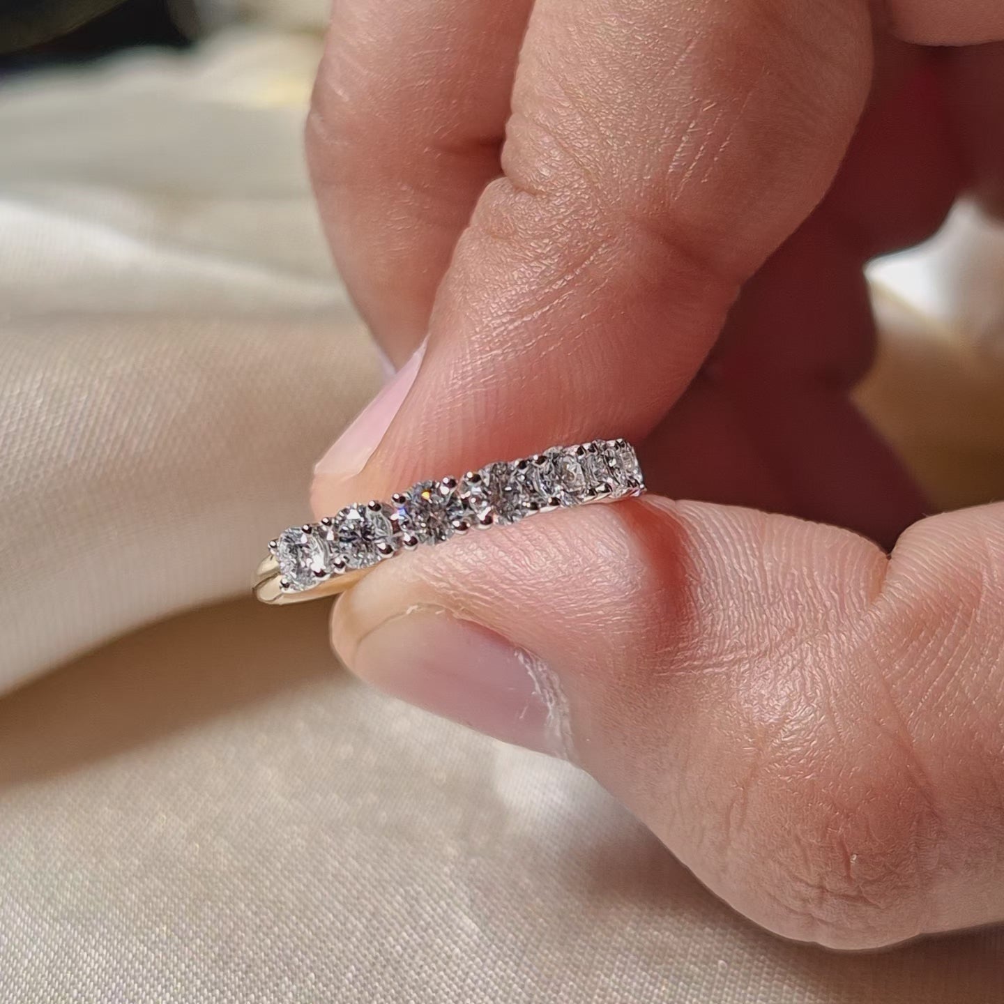 Round Cut Lab Grown Diamond Half Eternity Band Shared Prong Wedding Minimalist Bridal Band