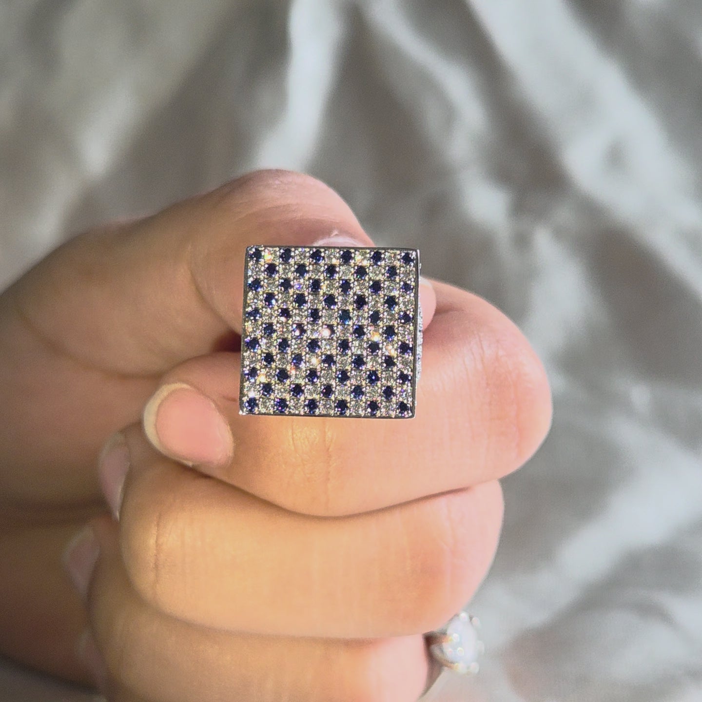 Blue Sapphire and Lab Grown Diamond Ring Elegant Square Pavé Statement Cocktail Ring Handmade Jewelry Birthday Gift For Him