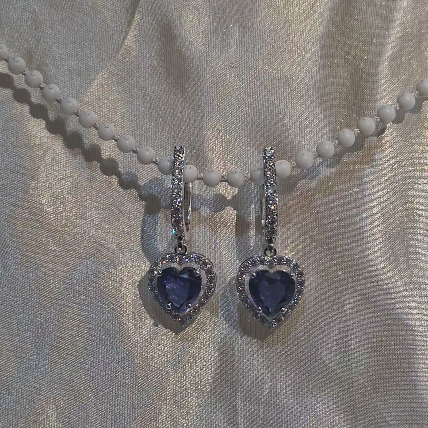 Blue Heart Gemstone Drop Earring Round Lab Grown Diamond Halo Dangle Earring