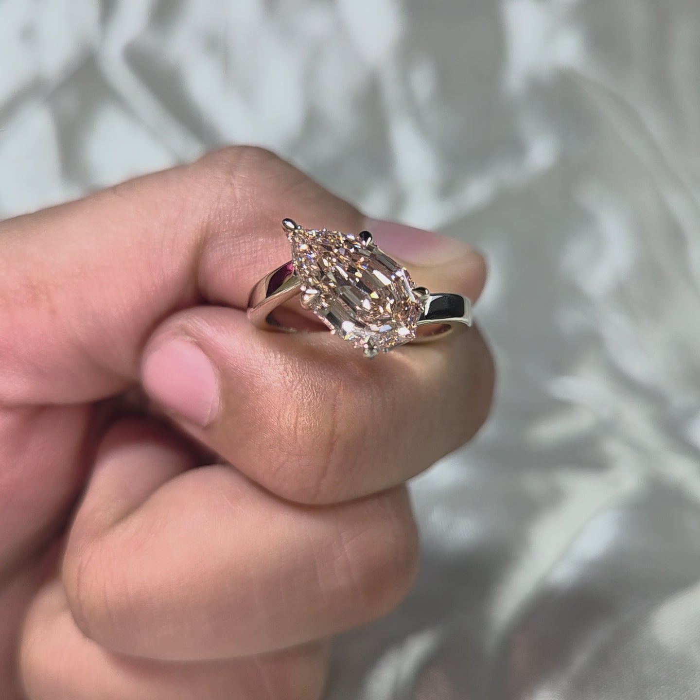 Pear Lab Grown Diamond Ring Blush Pink hidden halo baguette Engagement Ring Minimalist Promise Ring Gift Handmade Jewelry teardrop jewelry