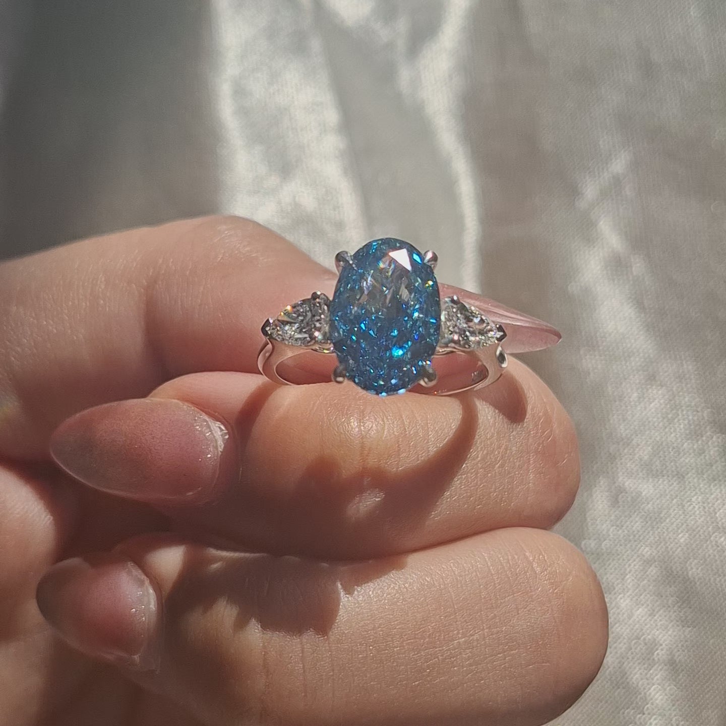 Blue Oval Lab Grown Diamond Pear Side Stones Three Stone Bridal Engagement Ring