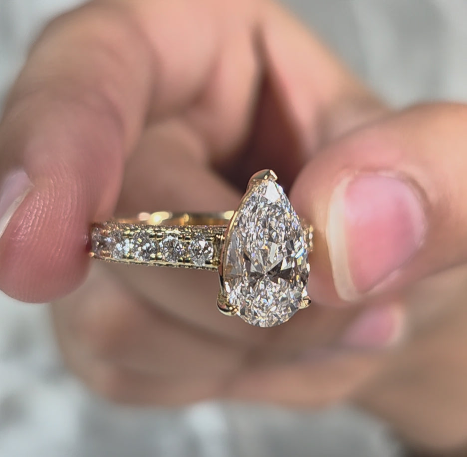 Pear Diamond Engagement Ring Pear Cut Lab Grown Diamond Ring Round Diamond Pave Ring Hidden Halo Bridal Ring Promise Handmade jewelry
