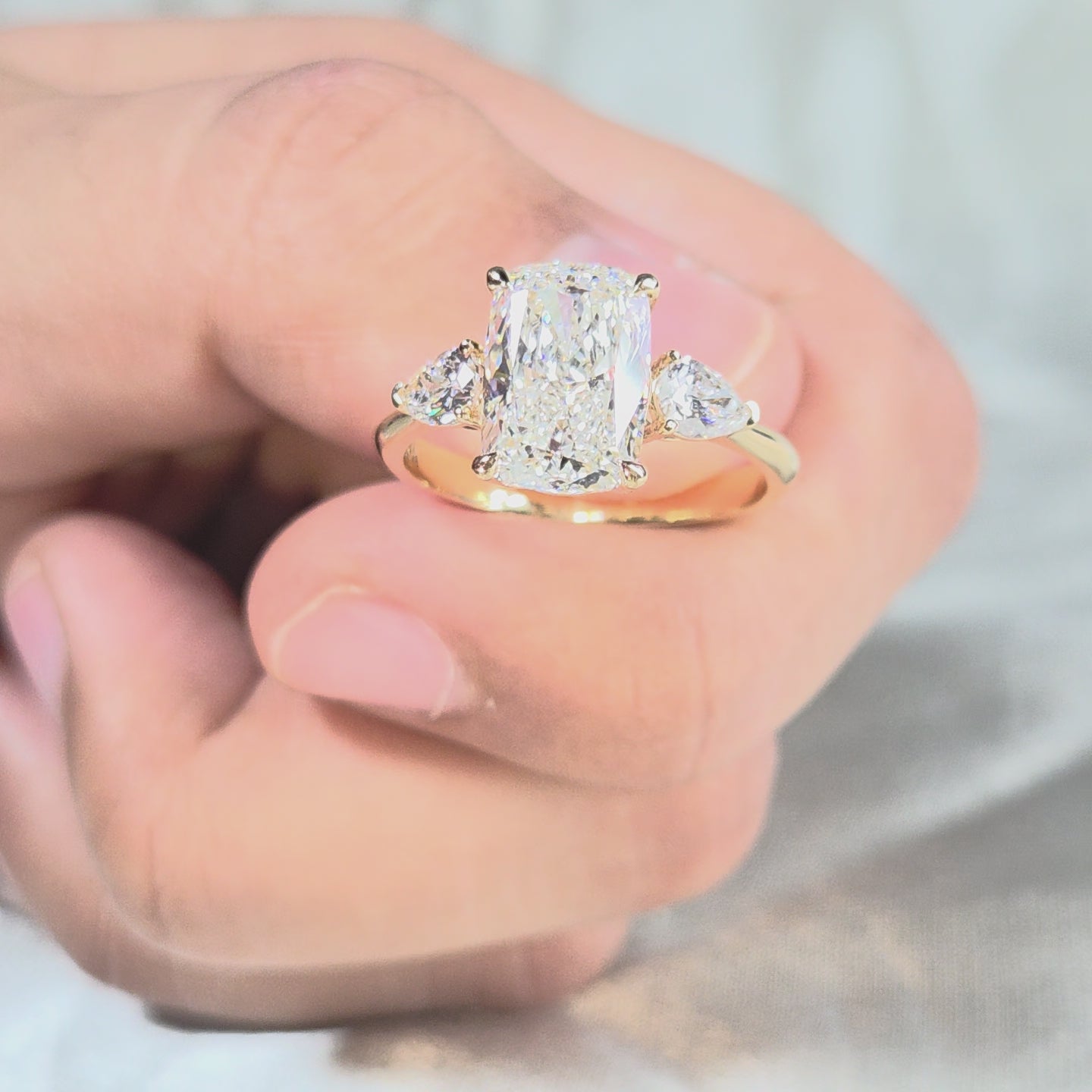Cushion Cut Lab Grown Diamond Engagement Ring Pear Side Diamond Three Stone Ring Wedding Ring Promise Handmade jewelry Gift For Her
