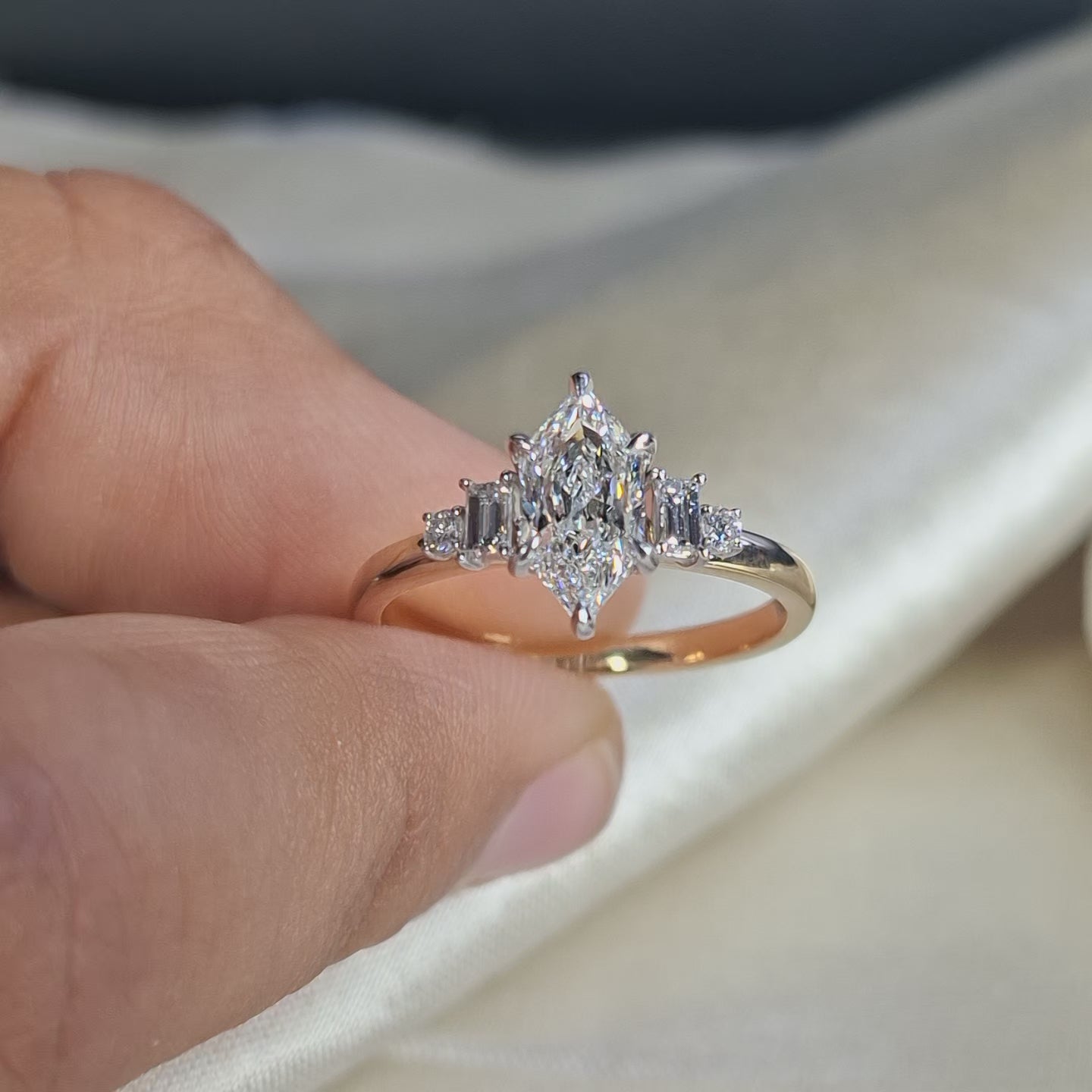 Dutch Marquise Hexagonal Lab Grown Diamond Engagement Ring Baguette & Round Side Stone Wedding Ring Gift for Her Minimalist Handmade Ring