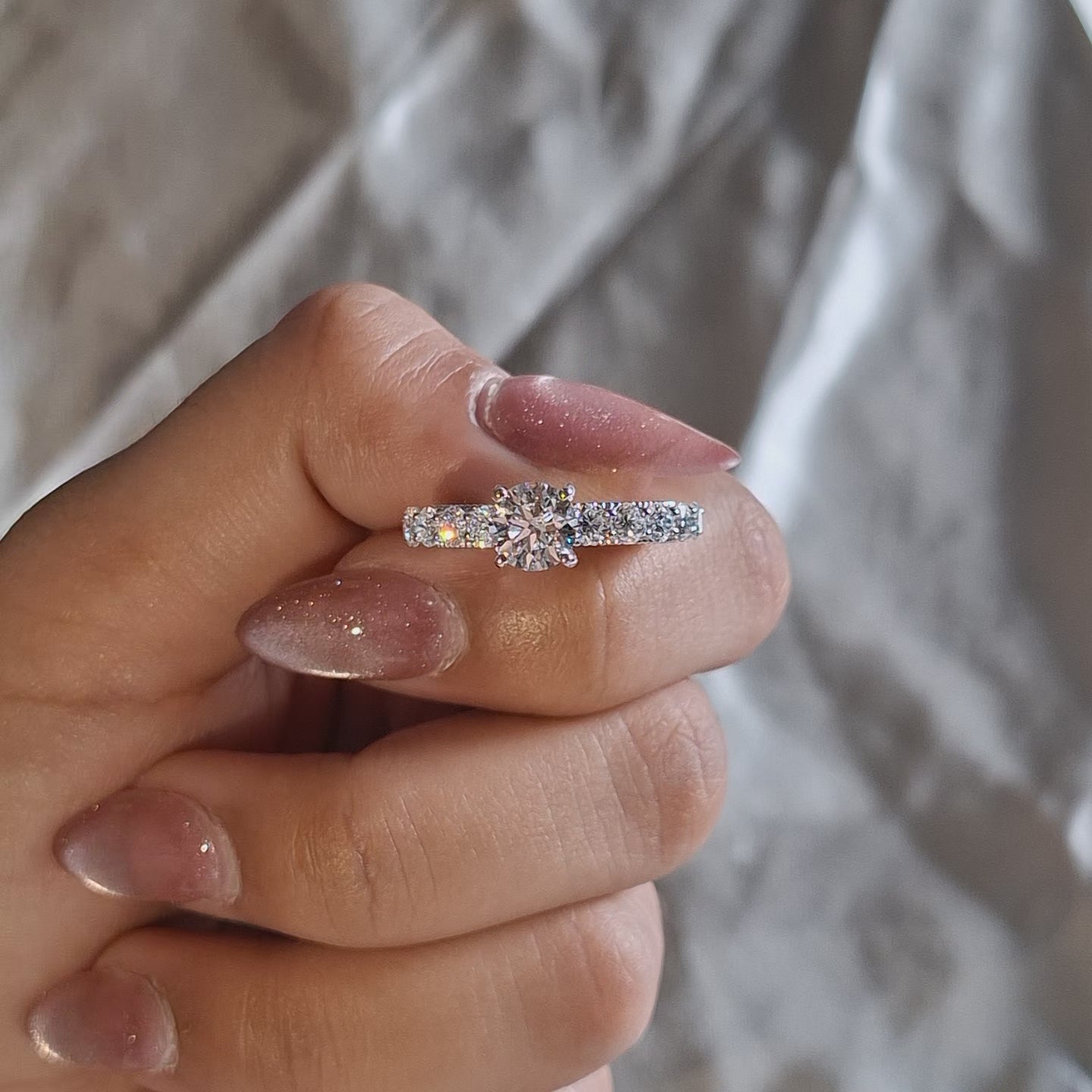 Round Lab Grown Diamond Engagement Ring Sparkling Diamond Pave Band Solitaire Bridal Ring