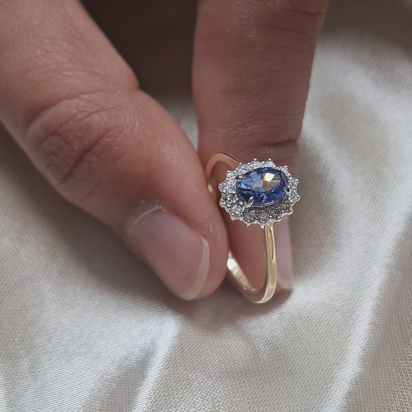 Oval Blue Sapphire Halo Engagement Ring Lab Grown Diamond Promise Ring Vintage Inspired Bridal Ring September Birthstone Gift
