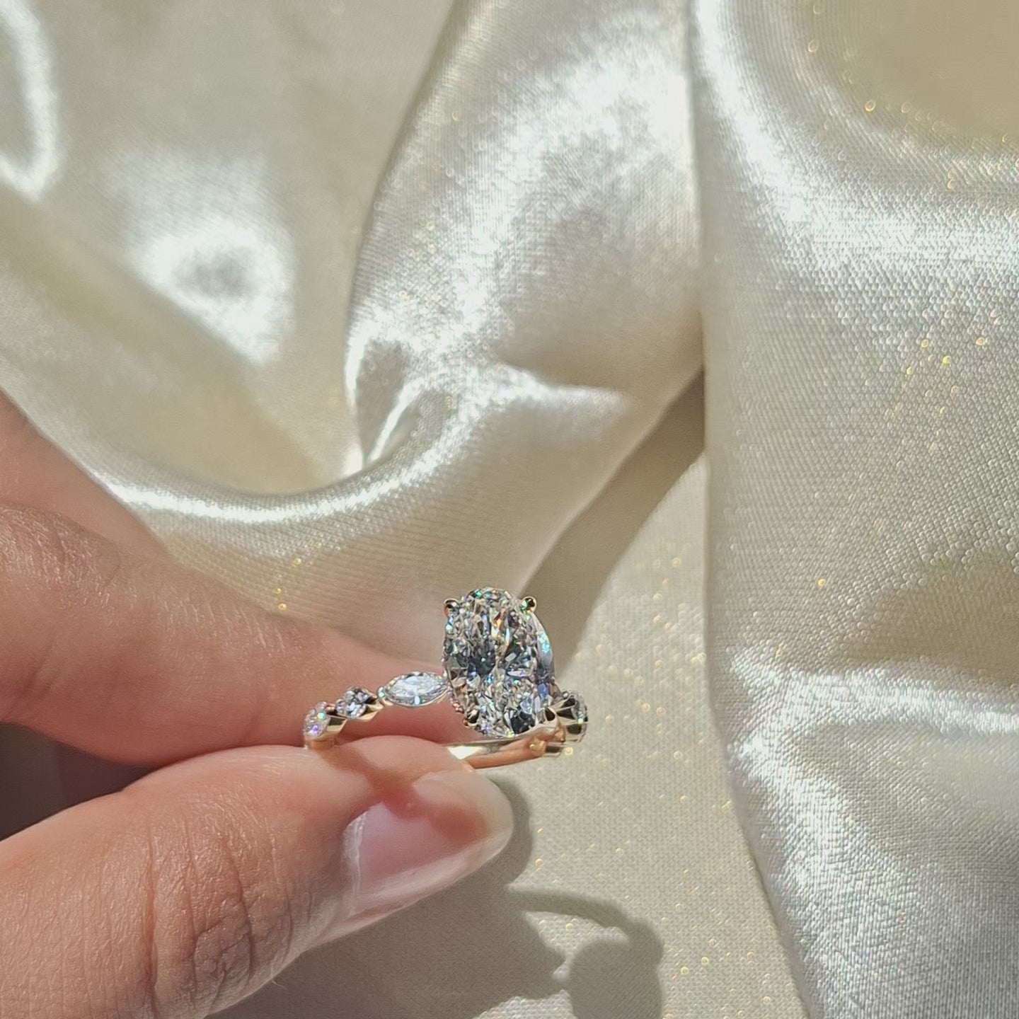 3 Carat Oval Cut Lab Grown Diamond Three Stone Engagement Ring Marquise Side Stone Vintage Bridal Hidden Halo Proposal Ring