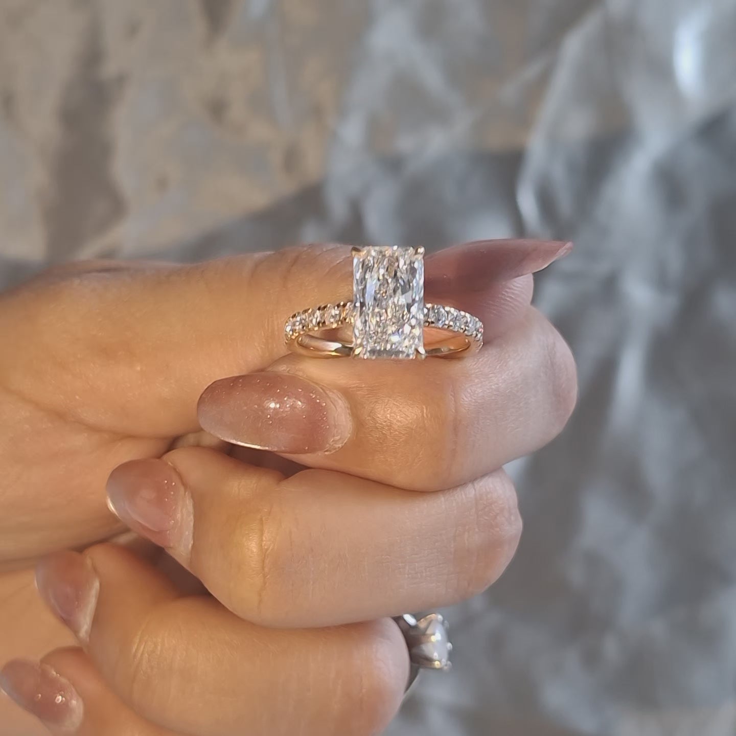 Radiant Cut Lab Grown Diamond Engagement Ring Pavé Minimalist Wedding Band