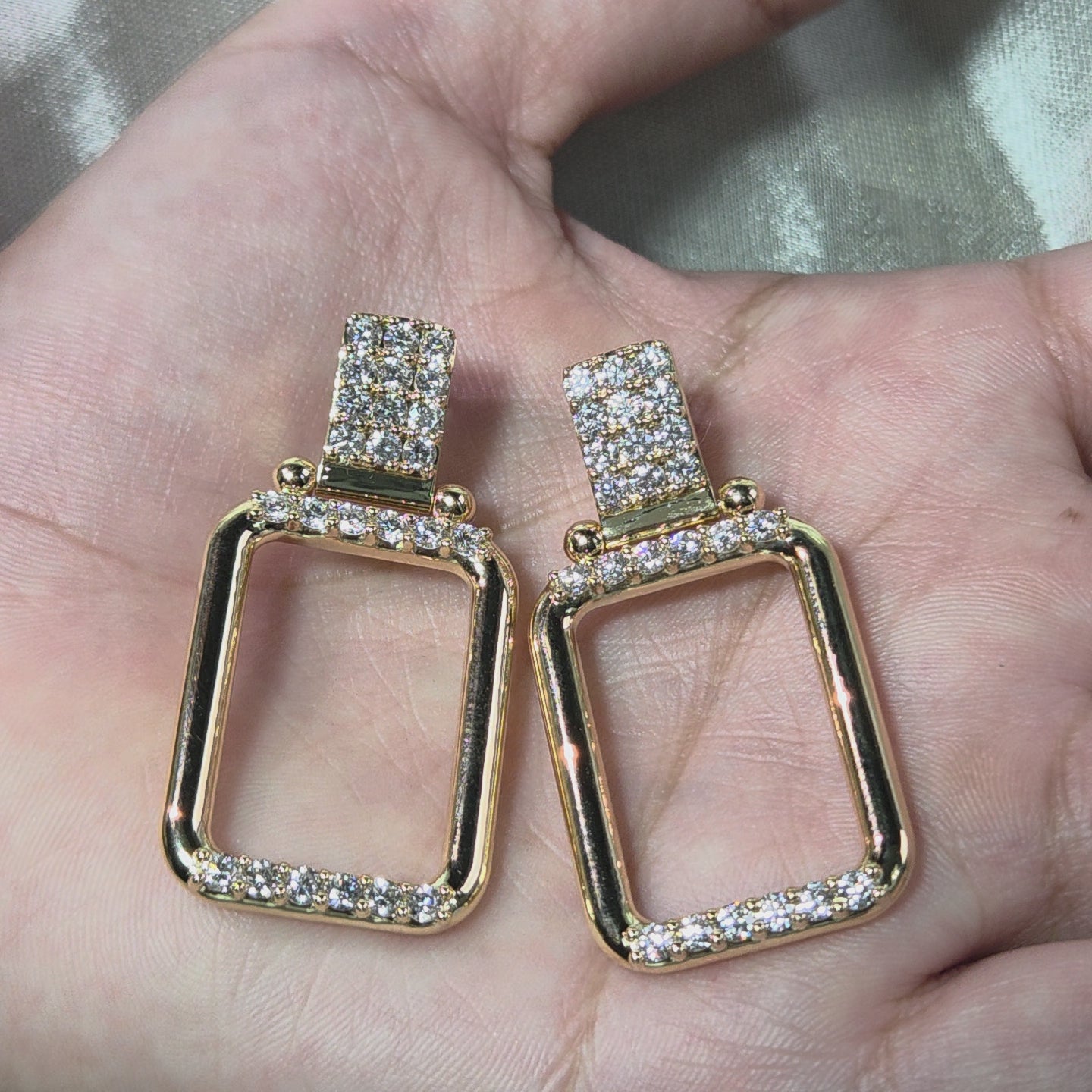 Round Lab Grown Diamond Rectangle Drop Earrings Geometric Gold Dangle Earrings Pavé Diamond Jewelry Handmade Elegant Earrings Gift for Her