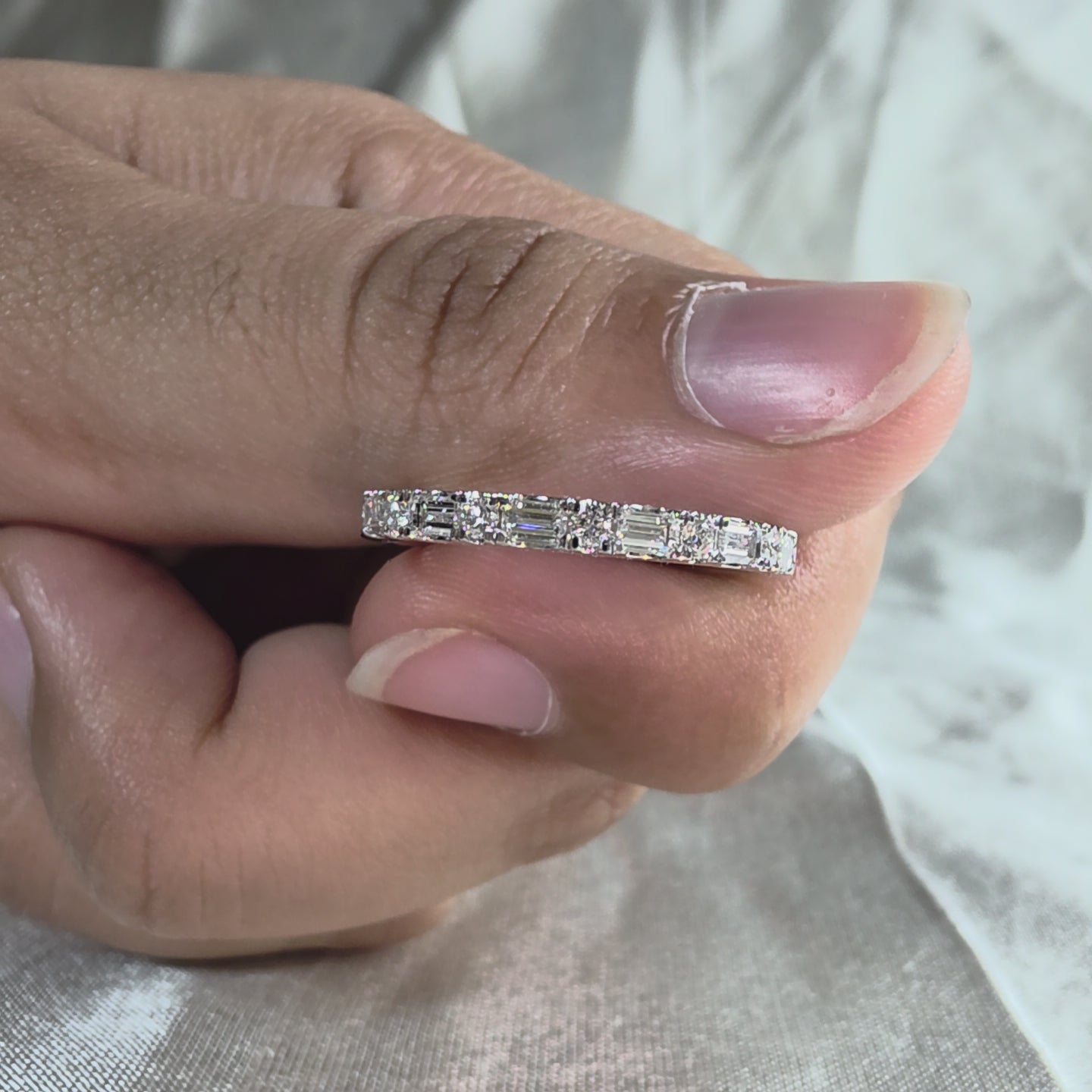 Baguette and Round Cut Lab Grown Diamond Ring Alternating Diamond Band Art Deco Wedding Band Stackable Anniversary Unique Bridal Jewelry
