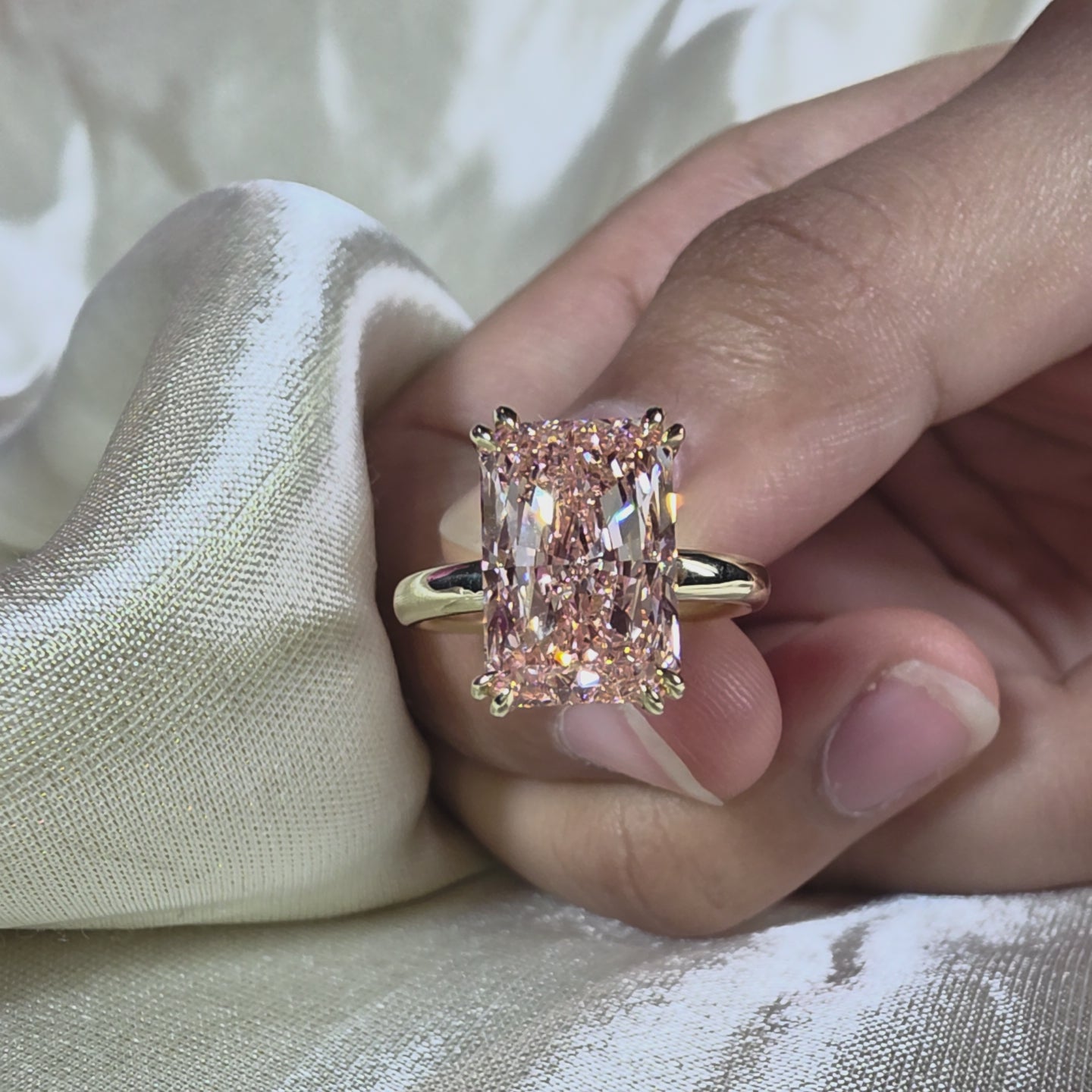 Pink Radiant Cut Lab Grown Diamond Ring Elongated Solitaire Engagement Ring Blush Pink Promise Handmade Ring Gift for Her