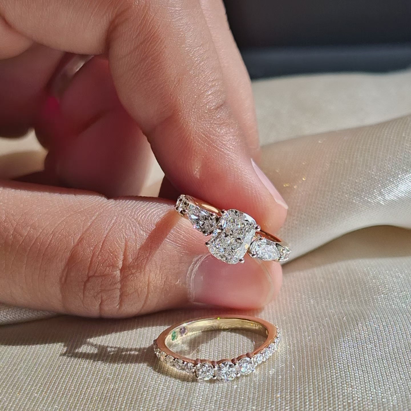 1.3 Carat Cushion Lab Grown Diamond Engagement Ring Set Pear Side Stone Diamond Wedding Ring Set Handamde jewelry Anniversary Gift for Her