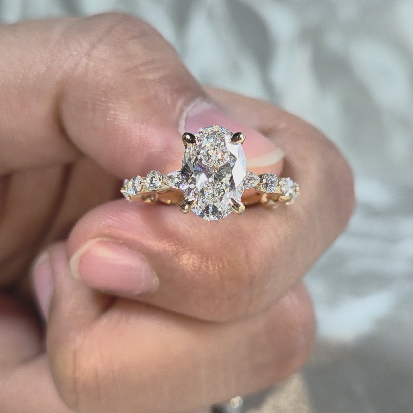 Oval Lab Grown Diamond Engagement Ring Marquise and Round Diamond Band Yellow Gold Ring Luxury Bridal Handmade Jewelry For Her