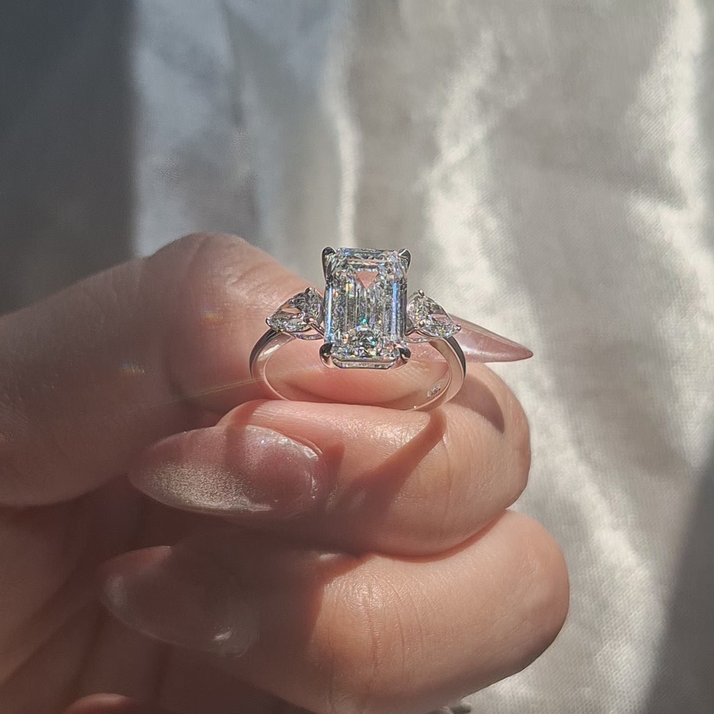 Emerald Lab Grown Diamond Engagement Ring Pear Side Stones Three Stone Bridal Ring