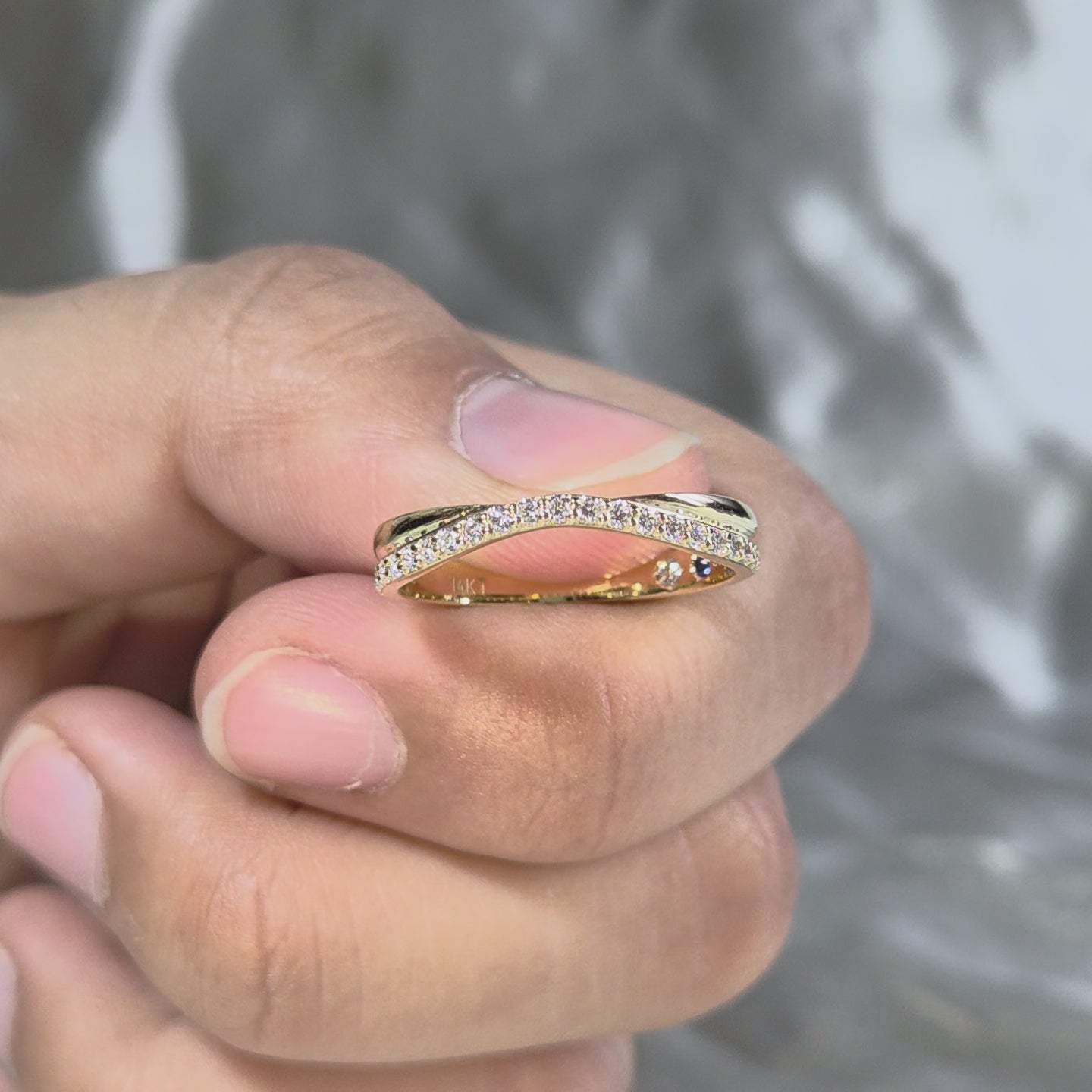 Round Lab Grown Diamond Crossover Band Yellow Gold Curved Band Stacking Ring Elegant Wedding Band Handmade jewelry Gift For Her
