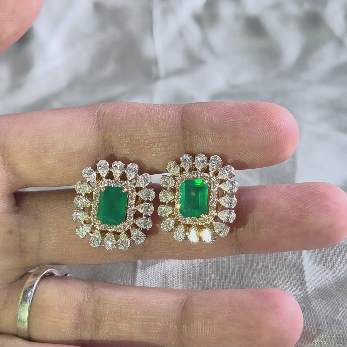 Emerald Lab Grown Diamond Stud Earrings Pear & Round Diamond Halo Yellow Gold Statement Earrings Luxury Gemstone Handmade Jewelry For Her